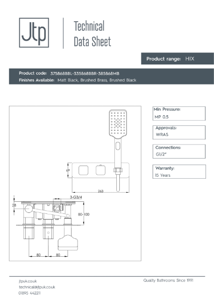 HIX Thermostatic Concealed 2 Outlet Shower Valve with Handset – Product Data Sheet