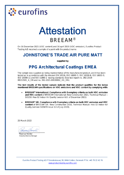 Eurofins Attestation BREEAM Johnstone's Trade Air Pure Matt