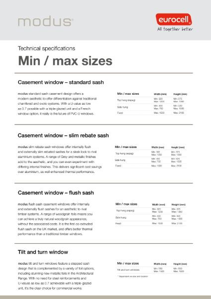 Modus Min / Max Sizes Technical Specification