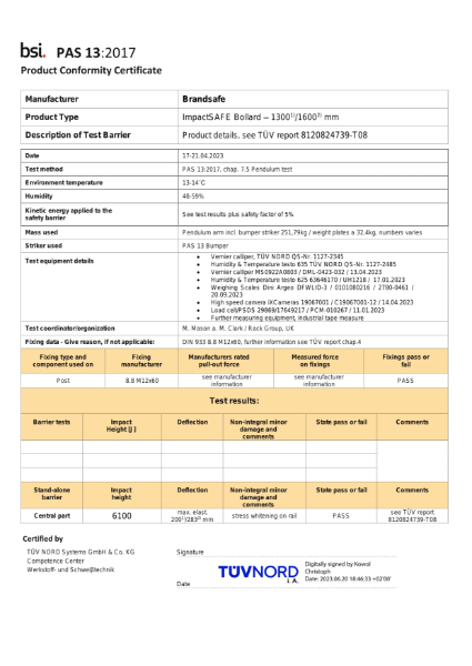 ImpactSAFE Bolt Down Heavy Duty Bollard - PAS 13 Compliance Certificate - TÜV NORD