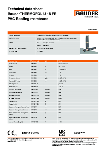 BauderTHERMOFOL U 18 FR PVC Roofing membrane (Blue Grey) - Technical Data Sheet