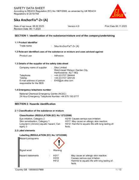 Sika Anchorfix 2+ safety datasheet