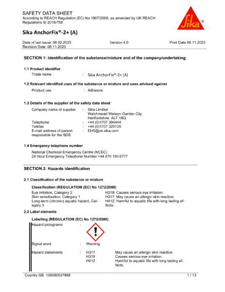 Sika Anchorfix 2+ safety datasheet (A)
