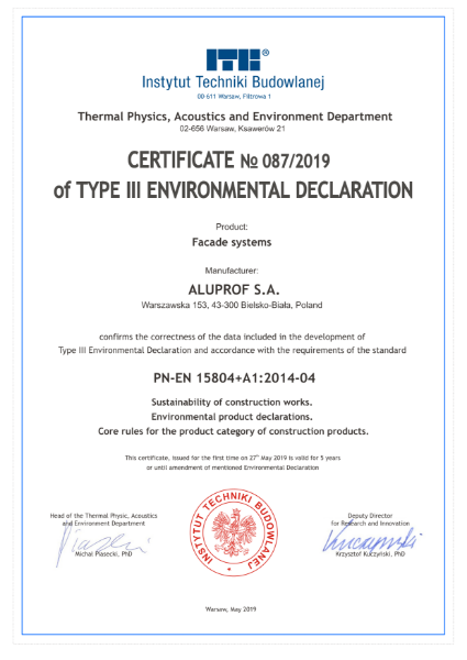 Aluprof Environmental Product Declaration to EN 15804 - Facade Systems