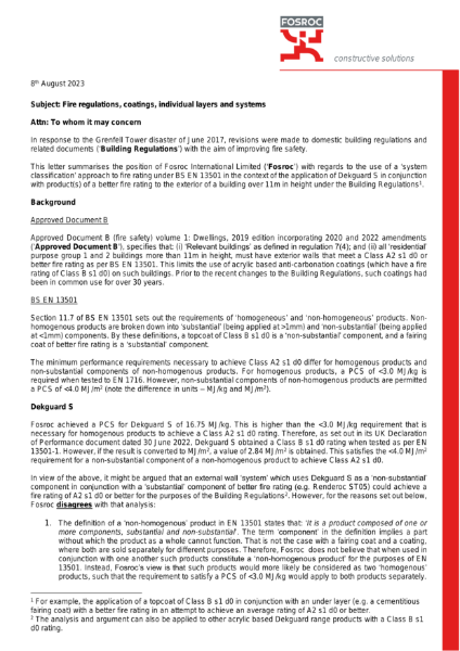 Fire regulations, coatings, individual layers and systems statement