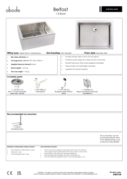AW5135 Belfast. Stainless Steel Sit On Inset Sink - Consumer Spec