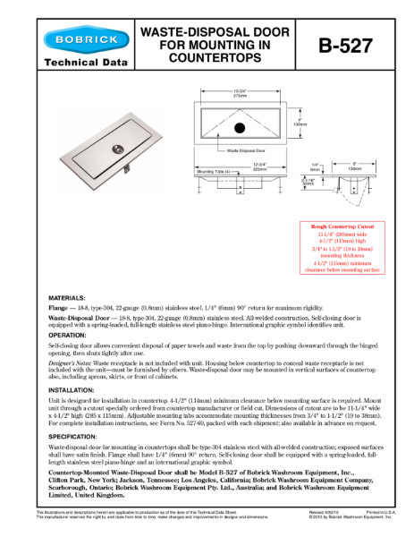 Waste-Disposal Door for Mounting in Countertops - B-527