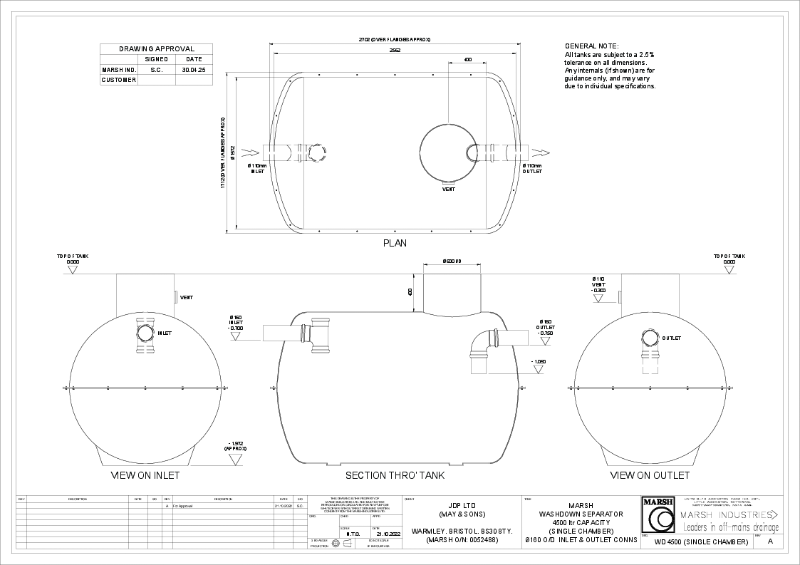 WASH DOWN - 4500L - SINGLE CHAMBER - ADDINGTON TANK (1.5m dia x 2.65m lg)
