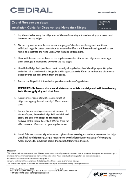 Cedral Roofs - Installation Guide for Duopitch and Monopitch Ridges