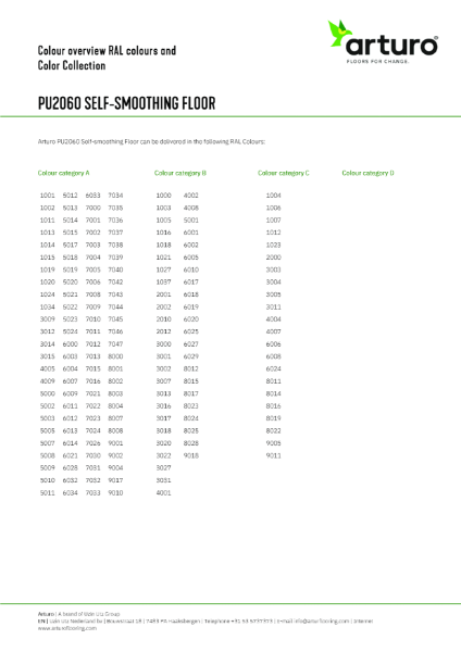 Arturo Performance Resin Floor Colour Chart