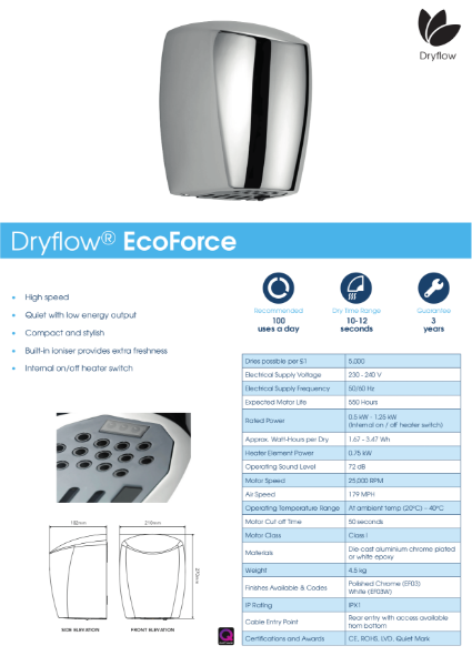 Hand Dryer Spec Sheet - Dryflow EcoForce Hand Dryer