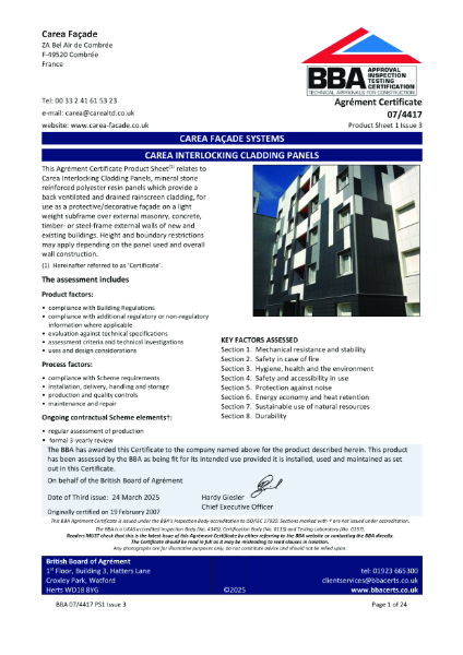 BBA Carea Interlocking panel on subframe certificate 07/4417 Product Sheet 1 Issue 3