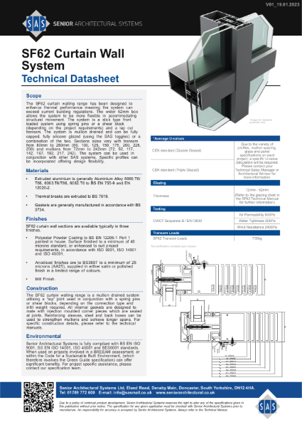 SF62 Curtain Wall Technical Datasheet