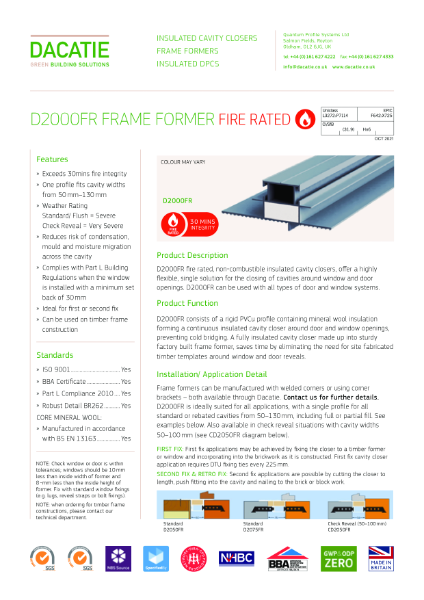 Dacatie - Fire Rated Frame Former 30 minutes fire Integrity D2000 - 50 to 130mm Cavities - Datasheet