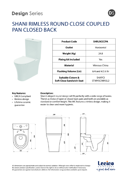 Shani Rimless Round Close Coupled Pan Closed Back