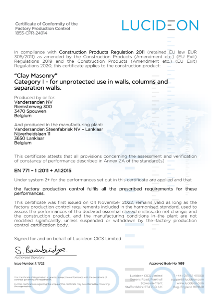 UKCA Certificate of Conformity of the Factory Production Control 1855-CPR-24914. Lanklaar
