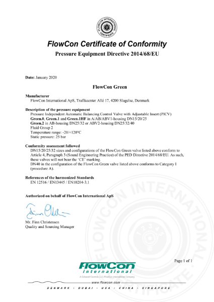 FlowCon Green PICV PED Certificate