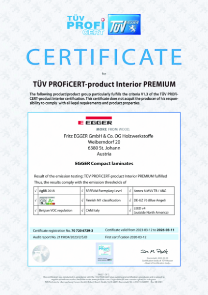 TUV PROFiCERT Compact Laminates Emissions Certificate