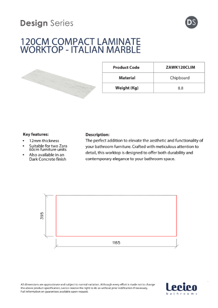 Zara 120 cm Width 12 mm Compact Laminate Worktop - Italian Marble