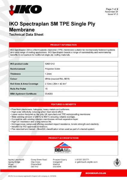 Technical Data Sheet (TDS) - IKO Spectraplan SM TPE Single Ply Membrane