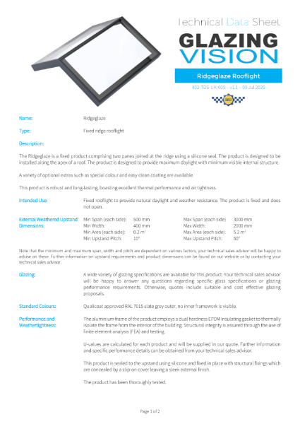 Ridgeglaze Rooflight Technical Data Sheet