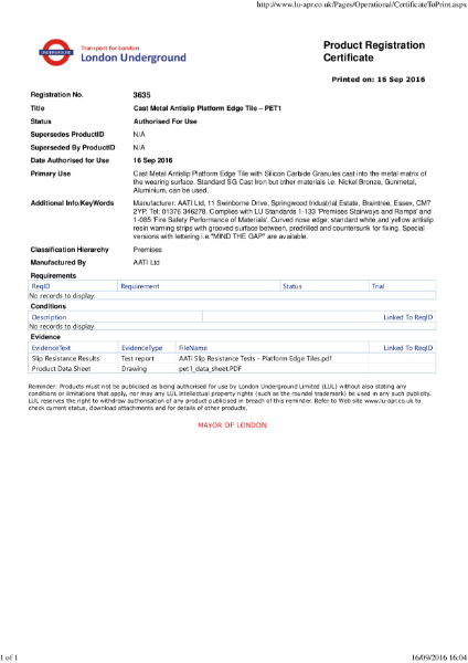 AATi certificate for AATi Anti-slip Platform Edge Tile ref PET 1