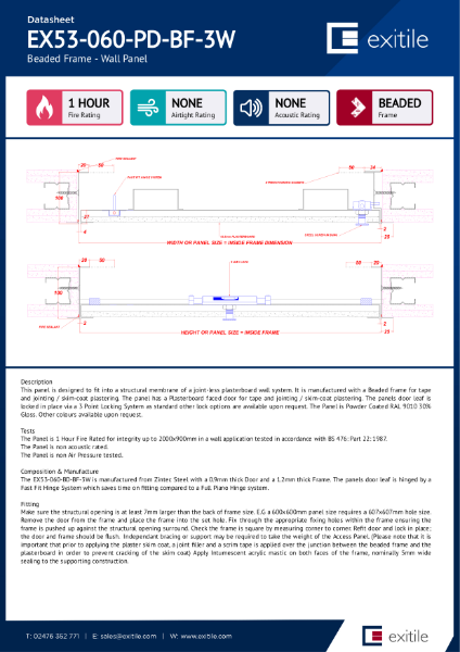 Datasheet - Plasterboard Riser Door (Range 53) - Beaded Frame - 1 Hour Fire Rated - 3 Way Lock