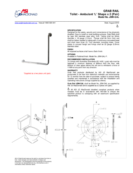 Grab Rail – Ambulant L Shape Specification Sheet