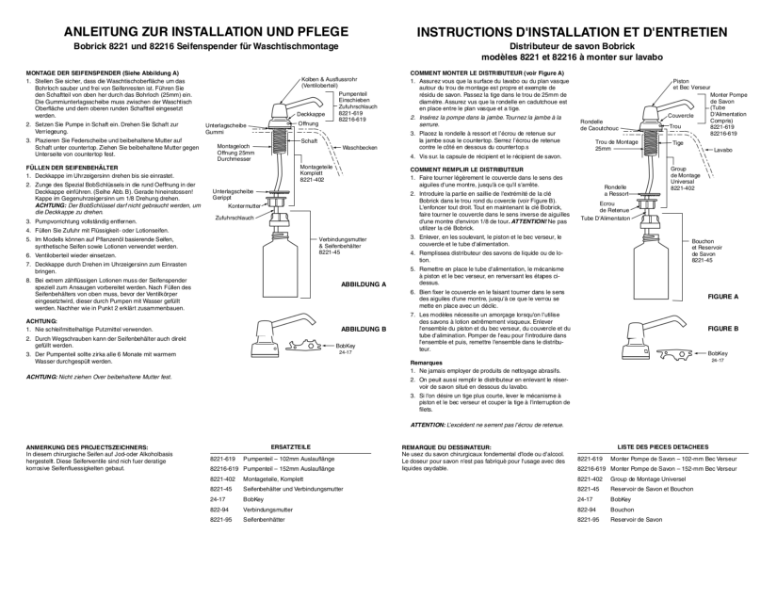 Instructions for Installation and Maintenance - Bobrick Models B-822 Series "G" and B-8226 Series "G"