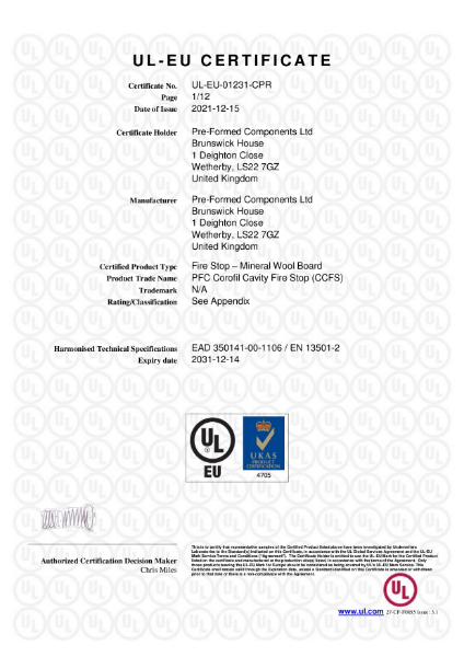 PFC Corofil Cavity Fire Stop CCFS - UL-EU Certificate: 01231-CPR
