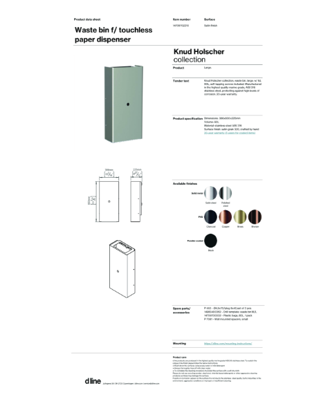 Waste bin f/ touchless paper dispenser (data sheet)