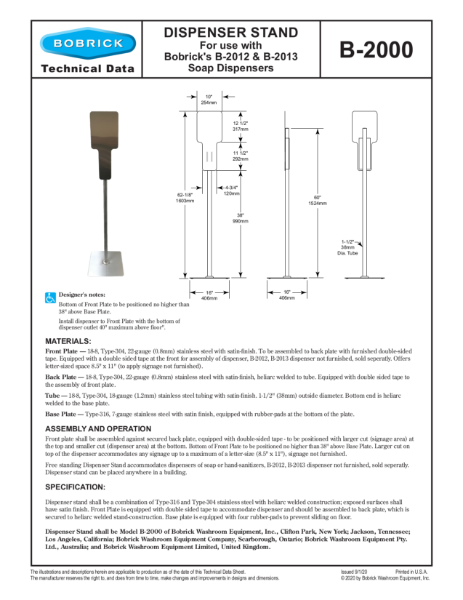 Dispenser Stand for use with Bobrick's B-2012 & B-2013 Soap Dispensers