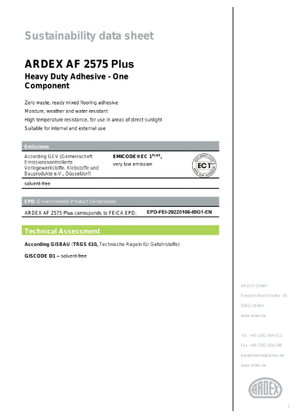 ARDEX AF 2575 PLUS Sustainability Data Sheet