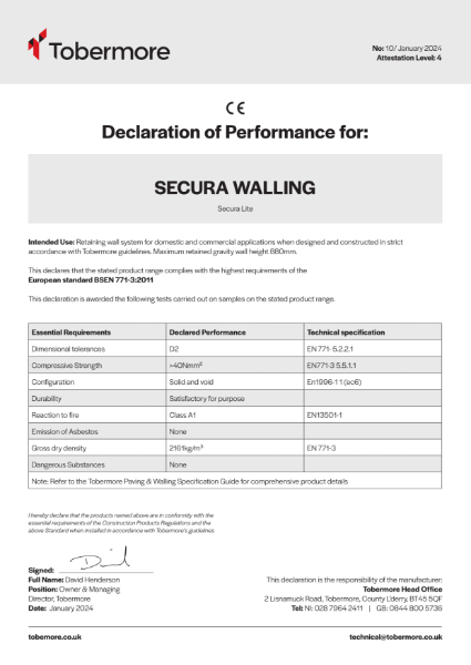 Secura Retaining Walling Tobermore CE Declaration of performance January 2024