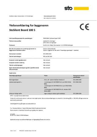 Ytelseserklæring for byggevaren StoSilent Board 100 S