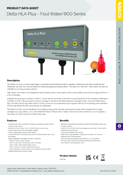 Delta HLA Plus - Foul Water/800 Series: Smart High Water Level Alarm