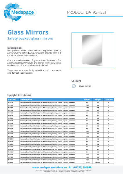 Mirrors - Glass – Product Data Sheet