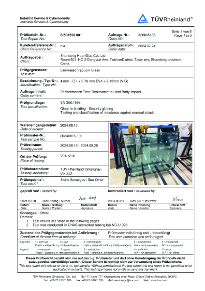 EN 356:1999, Glass in building - Security glazing - Testing and classification of resistance against manual attack. 8.15 + 4 laminated VIG