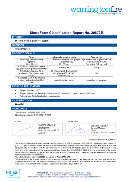 Classification certificate - M-Tray B ROOF t4 Classification short form