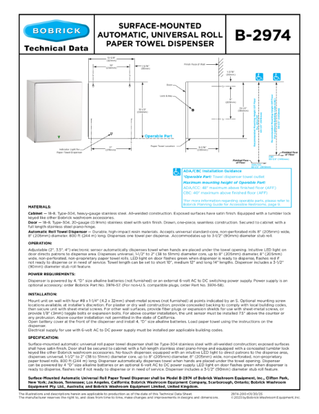 Surface-Mounter Automatic, Universal Roll Paper Towel Dispenser - B-2974