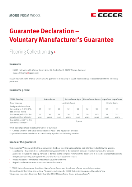 Guarantee Declaration - Voluntary Manufacturer's Guarantee, Flooring Collection 25+