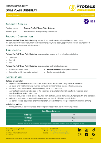 Product Data Sheet - Proteus Pro-Felt® 3mm Plain Underlay