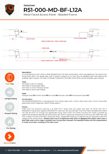 Datasheet - Metal Faced Riser Door Beaded Frame None Fire Rated- R51-000-MD-BF-L12A