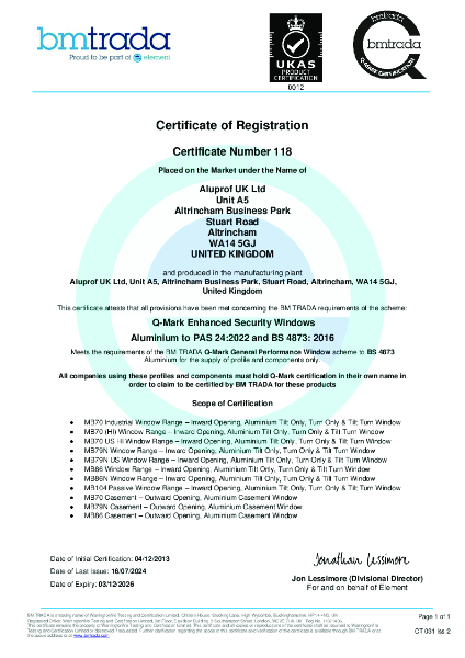 Aluprof Q-Mark Enhanced Security Windows PAS 24 Certificate (MB-70, MB-79N, MB-86, MB-104 Ranges)