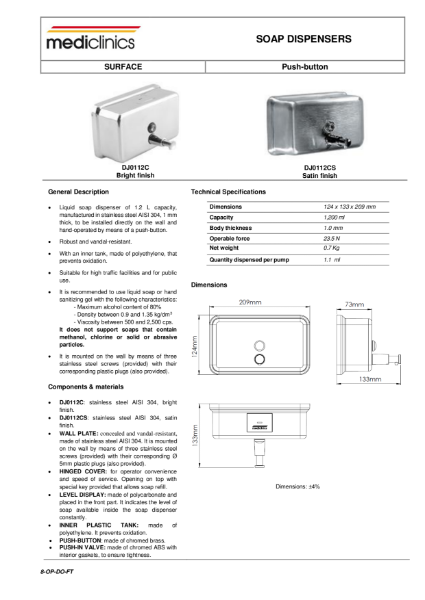 Soap Dispenser Spec Sheet - Mediclinics Horizontal Surface Push-Button Liquid Soap Dispenser DJ0112C_CS