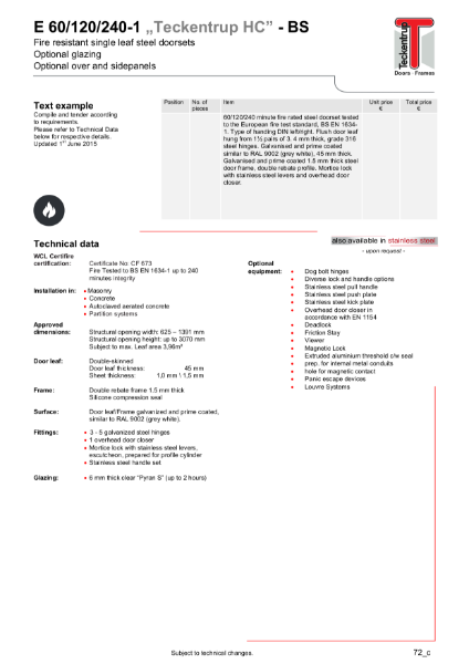 Fire Protection Door E60/120/240-1 "HC"-BS (Technical Data)