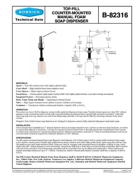 Top-Fill Counter-Mounted Manual Foam Soap Dispenser - B-82316