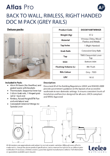 Atlas Pro Rimless DeLuxe Back to Wall DocM Pack Right Hand 40cm Basin Grey Rails Data Sheet