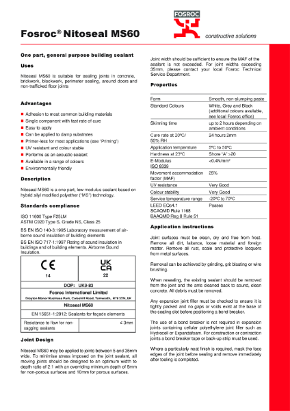 Fosroc Nitoseal MS60 Product data sheet