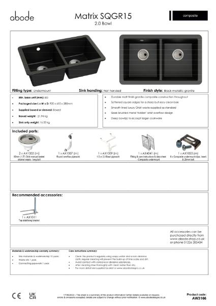 AW3166 (Black Metallic Granite. 2.0 Bowl, No Drainer) - Consumer Specification
